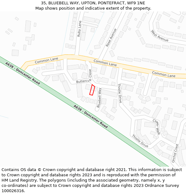 35, BLUEBELL WAY, UPTON, PONTEFRACT, WF9 1NE: Location map and indicative extent of plot