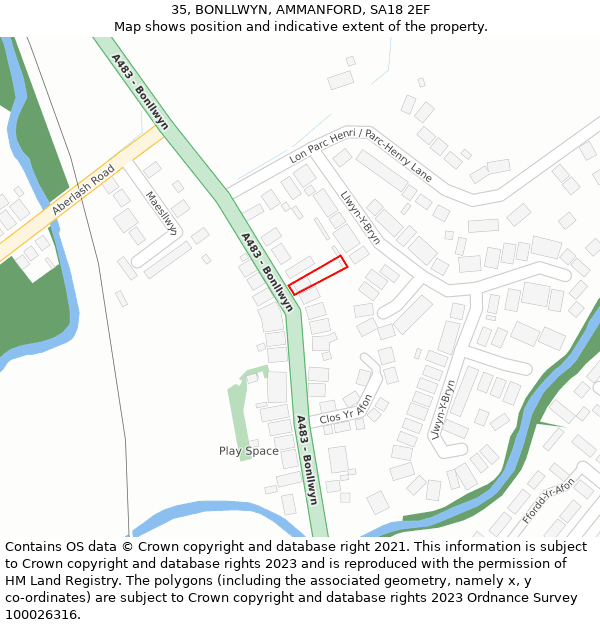 35, BONLLWYN, AMMANFORD, SA18 2EF: Location map and indicative extent of plot