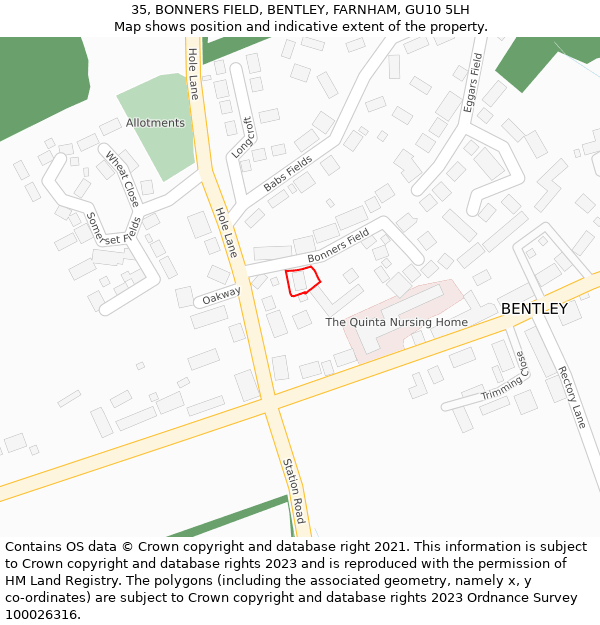 35, BONNERS FIELD, BENTLEY, FARNHAM, GU10 5LH: Location map and indicative extent of plot