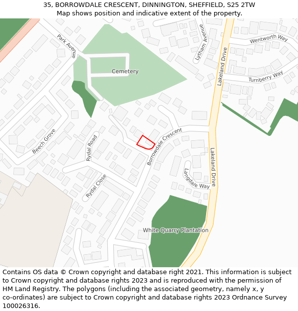 35, BORROWDALE CRESCENT, DINNINGTON, SHEFFIELD, S25 2TW: Location map and indicative extent of plot