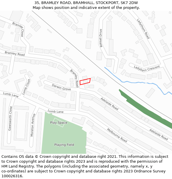 35, BRAMLEY ROAD, BRAMHALL, STOCKPORT, SK7 2DW: Location map and indicative extent of plot