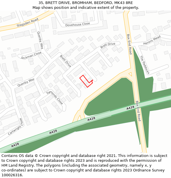 35, BRETT DRIVE, BROMHAM, BEDFORD, MK43 8RE: Location map and indicative extent of plot