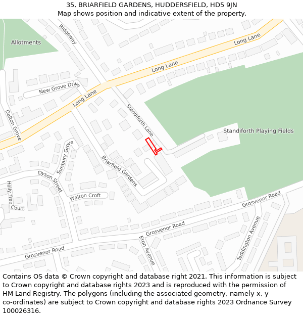 35, BRIARFIELD GARDENS, HUDDERSFIELD, HD5 9JN: Location map and indicative extent of plot