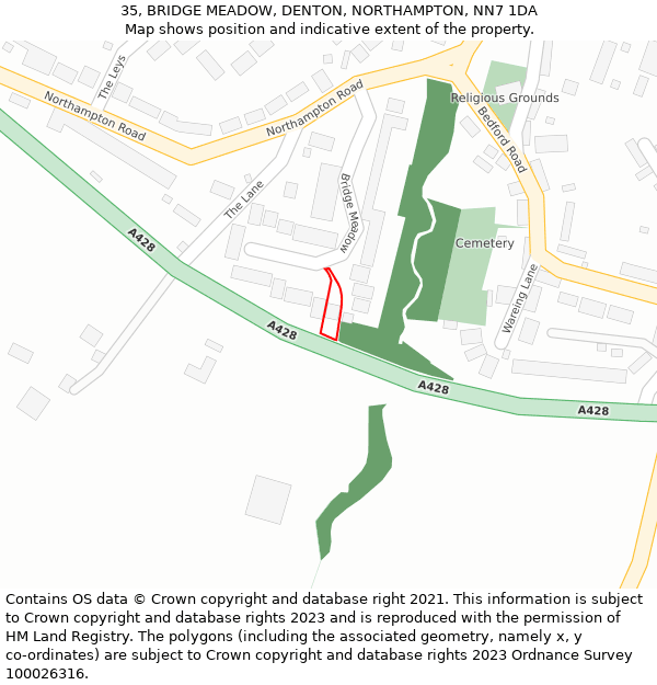 35, BRIDGE MEADOW, DENTON, NORTHAMPTON, NN7 1DA: Location map and indicative extent of plot