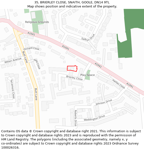 35, BRIERLEY CLOSE, SNAITH, GOOLE, DN14 9TL: Location map and indicative extent of plot