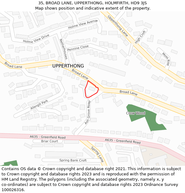 35, BROAD LANE, UPPERTHONG, HOLMFIRTH, HD9 3JS: Location map and indicative extent of plot