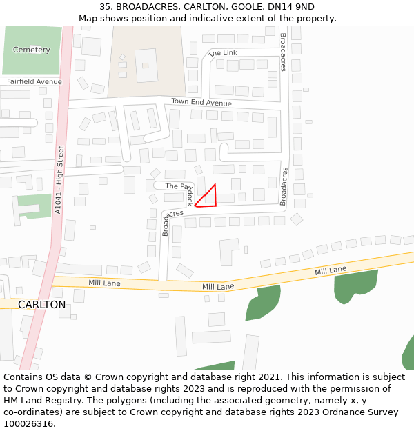 35, BROADACRES, CARLTON, GOOLE, DN14 9ND: Location map and indicative extent of plot