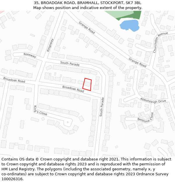 35, BROADOAK ROAD, BRAMHALL, STOCKPORT, SK7 3BL: Location map and indicative extent of plot