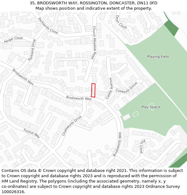 35, BRODSWORTH WAY, ROSSINGTON, DONCASTER, DN11 0FD: Location map and indicative extent of plot