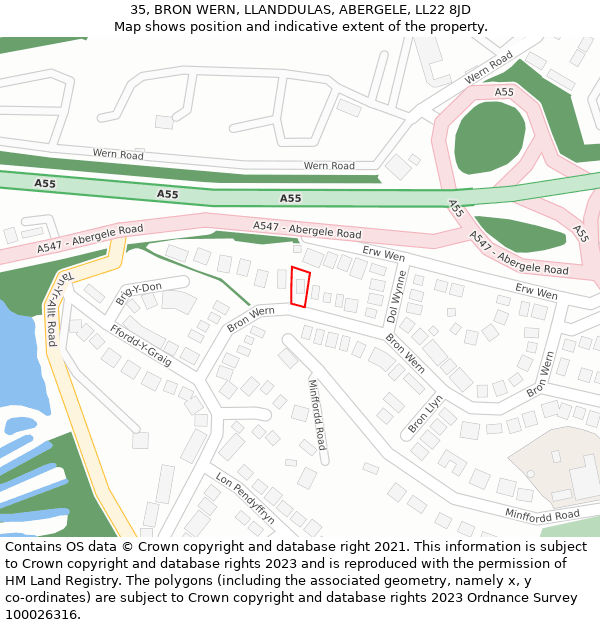 35, BRON WERN, LLANDDULAS, ABERGELE, LL22 8JD: Location map and indicative extent of plot