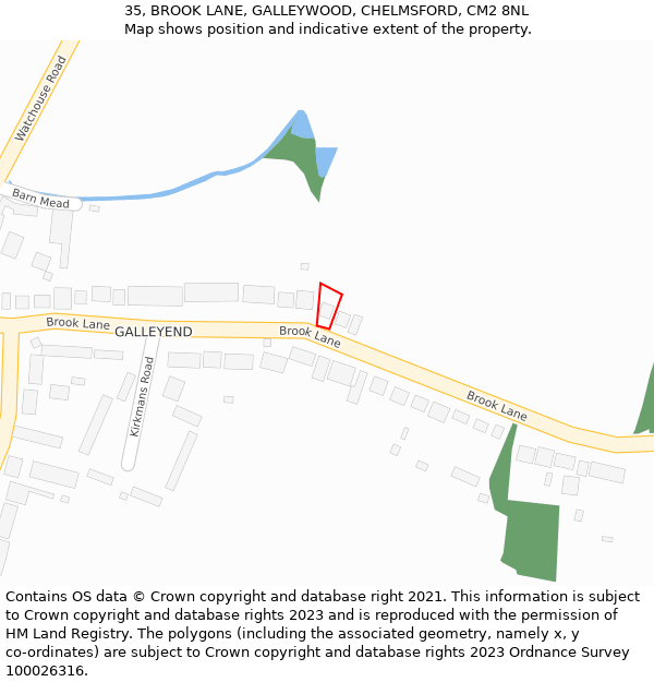 35, BROOK LANE, GALLEYWOOD, CHELMSFORD, CM2 8NL: Location map and indicative extent of plot