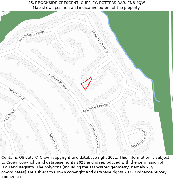 35, BROOKSIDE CRESCENT, CUFFLEY, POTTERS BAR, EN6 4QW: Location map and indicative extent of plot