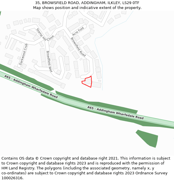 35, BROWSFIELD ROAD, ADDINGHAM, ILKLEY, LS29 0TF: Location map and indicative extent of plot