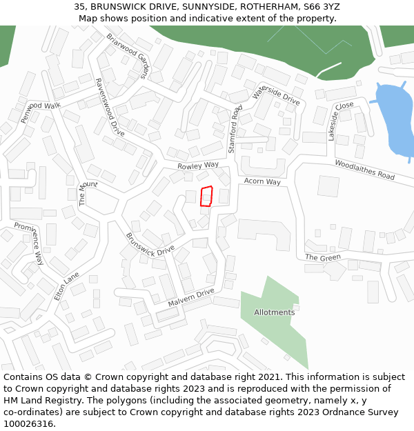 35, BRUNSWICK DRIVE, SUNNYSIDE, ROTHERHAM, S66 3YZ: Location map and indicative extent of plot