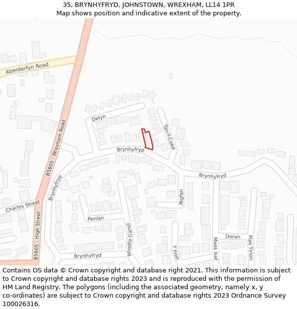 35, BRYNHYFRYD, JOHNSTOWN, WREXHAM, LL14 1PR: Location map and indicative extent of plot