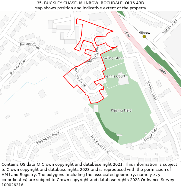 35, BUCKLEY CHASE, MILNROW, ROCHDALE, OL16 4BD: Location map and indicative extent of plot