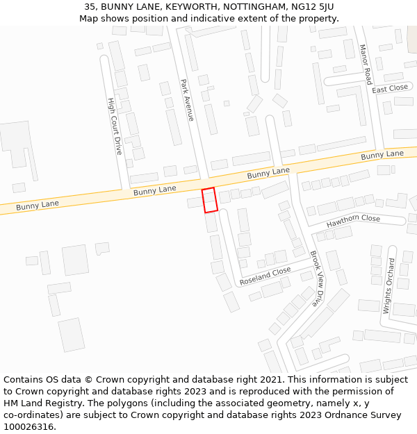 35, BUNNY LANE, KEYWORTH, NOTTINGHAM, NG12 5JU: Location map and indicative extent of plot