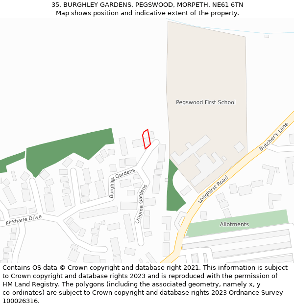 35, BURGHLEY GARDENS, PEGSWOOD, MORPETH, NE61 6TN: Location map and indicative extent of plot