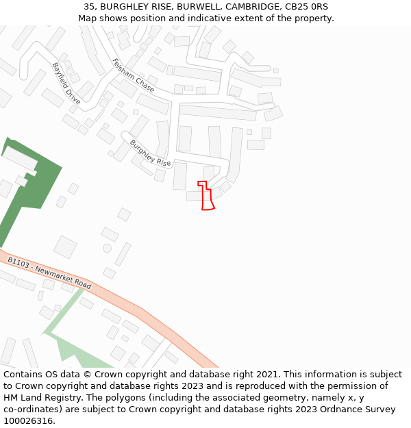 35, BURGHLEY RISE, BURWELL, CAMBRIDGE, CB25 0RS: Location map and indicative extent of plot