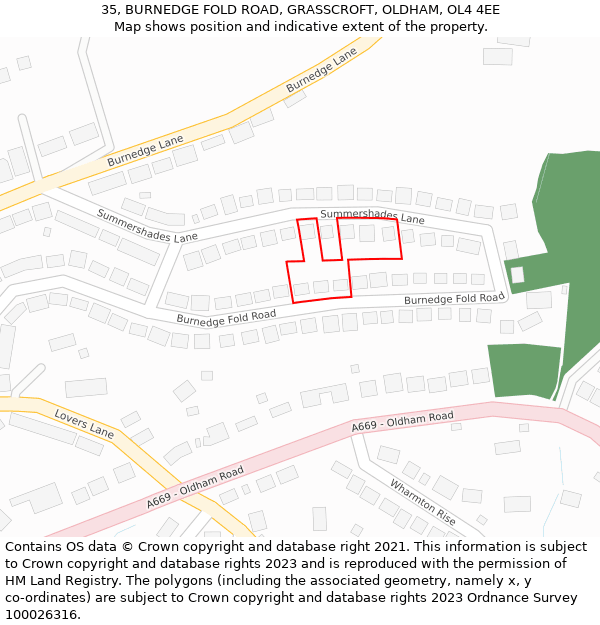 35, BURNEDGE FOLD ROAD, GRASSCROFT, OLDHAM, OL4 4EE: Location map and indicative extent of plot