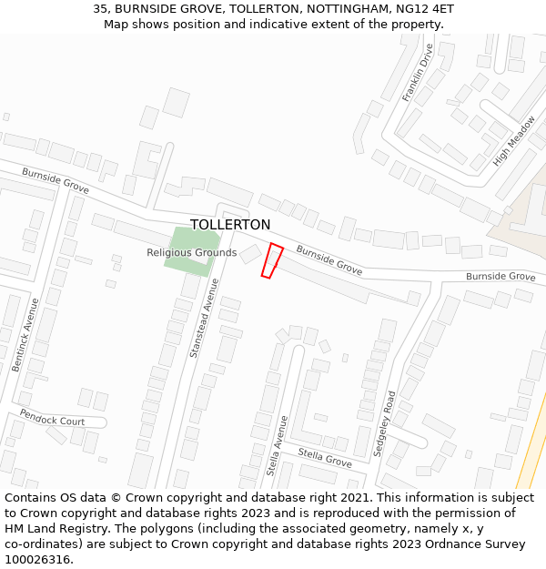 35, BURNSIDE GROVE, TOLLERTON, NOTTINGHAM, NG12 4ET: Location map and indicative extent of plot