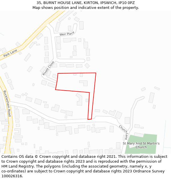 35, BURNT HOUSE LANE, KIRTON, IPSWICH, IP10 0PZ: Location map and indicative extent of plot