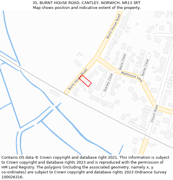 35, BURNT HOUSE ROAD, CANTLEY, NORWICH, NR13 3RT: Location map and indicative extent of plot