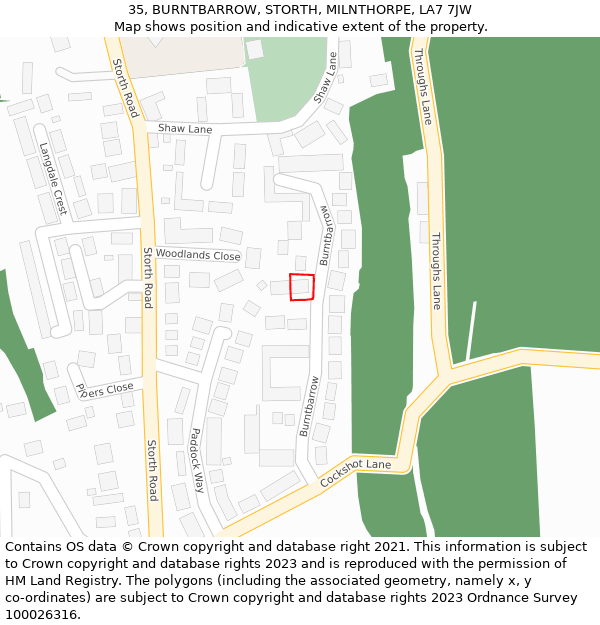 35, BURNTBARROW, STORTH, MILNTHORPE, LA7 7JW: Location map and indicative extent of plot