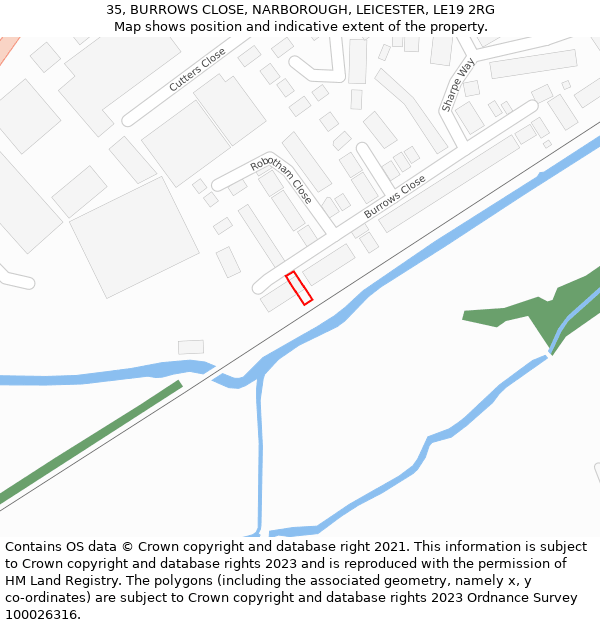 35, BURROWS CLOSE, NARBOROUGH, LEICESTER, LE19 2RG: Location map and indicative extent of plot