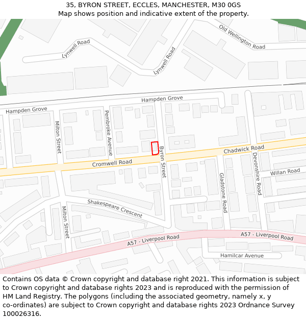 35, BYRON STREET, ECCLES, MANCHESTER, M30 0GS: Location map and indicative extent of plot