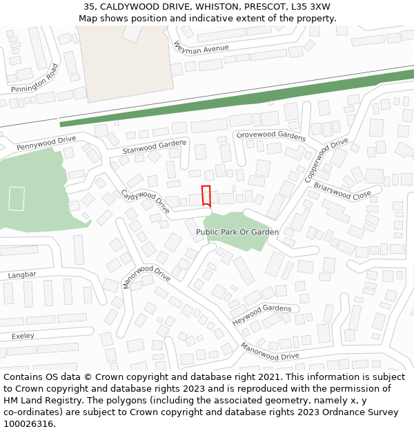 35, CALDYWOOD DRIVE, WHISTON, PRESCOT, L35 3XW: Location map and indicative extent of plot