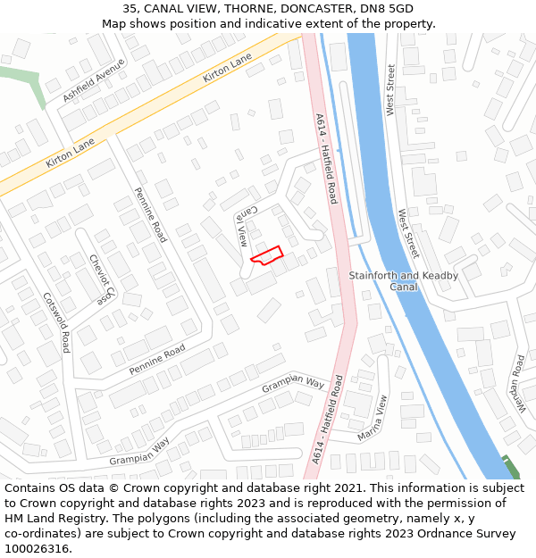 35, CANAL VIEW, THORNE, DONCASTER, DN8 5GD: Location map and indicative extent of plot