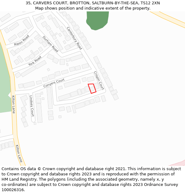 35, CARVERS COURT, BROTTON, SALTBURN-BY-THE-SEA, TS12 2XN: Location map and indicative extent of plot