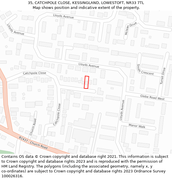 35, CATCHPOLE CLOSE, KESSINGLAND, LOWESTOFT, NR33 7TL: Location map and indicative extent of plot