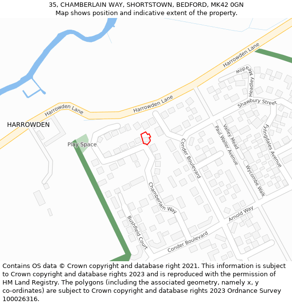 35, CHAMBERLAIN WAY, SHORTSTOWN, BEDFORD, MK42 0GN: Location map and indicative extent of plot