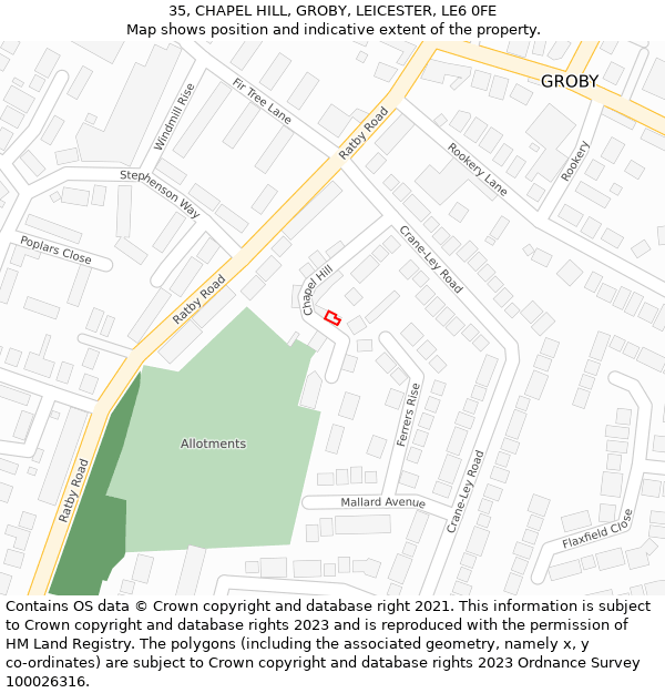 35, CHAPEL HILL, GROBY, LEICESTER, LE6 0FE: Location map and indicative extent of plot