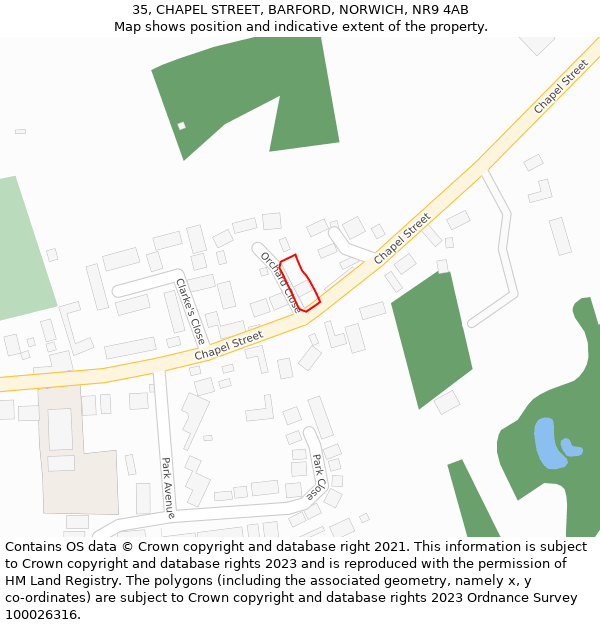 35, CHAPEL STREET, BARFORD, NORWICH, NR9 4AB: Location map and indicative extent of plot