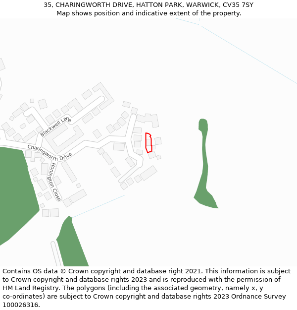 35, CHARINGWORTH DRIVE, HATTON PARK, WARWICK, CV35 7SY: Location map and indicative extent of plot