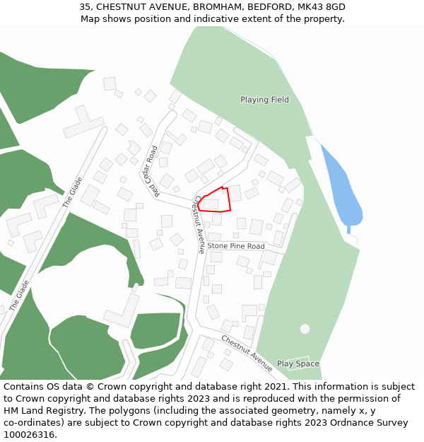 35, CHESTNUT AVENUE, BROMHAM, BEDFORD, MK43 8GD: Location map and indicative extent of plot