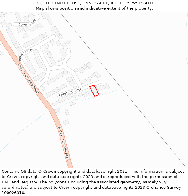 35, CHESTNUT CLOSE, HANDSACRE, RUGELEY, WS15 4TH: Location map and indicative extent of plot