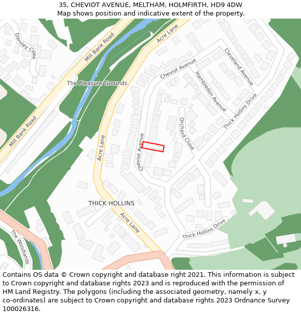 35, CHEVIOT AVENUE, MELTHAM, HOLMFIRTH, HD9 4DW: Location map and indicative extent of plot