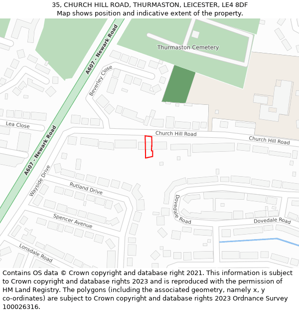 35, CHURCH HILL ROAD, THURMASTON, LEICESTER, LE4 8DF: Location map and indicative extent of plot