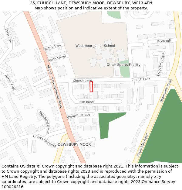 35, CHURCH LANE, DEWSBURY MOOR, DEWSBURY, WF13 4EN: Location map and indicative extent of plot