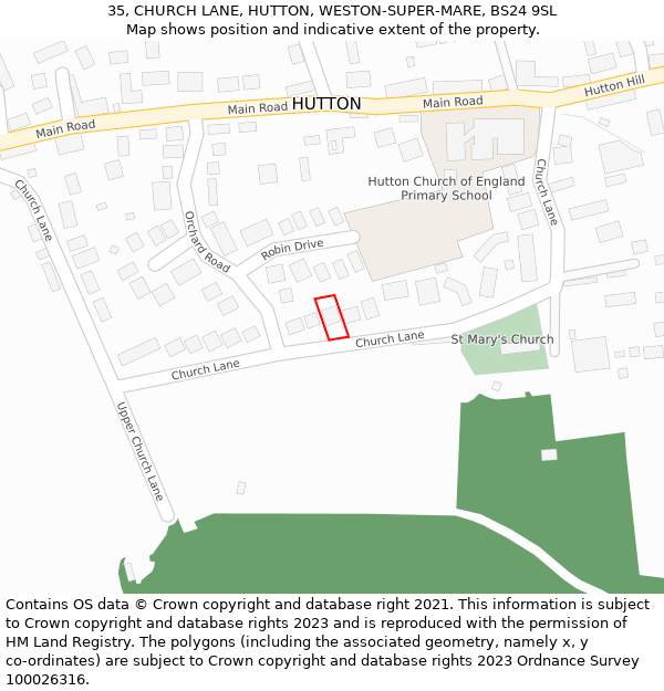 35, CHURCH LANE, HUTTON, WESTON-SUPER-MARE, BS24 9SL: Location map and indicative extent of plot