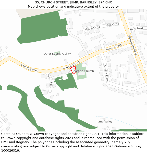 35, CHURCH STREET, JUMP, BARNSLEY, S74 0HX: Location map and indicative extent of plot