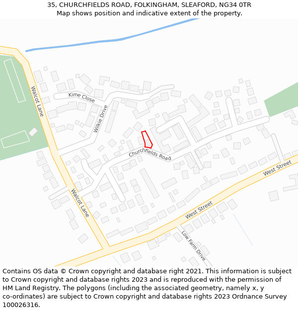 35, CHURCHFIELDS ROAD, FOLKINGHAM, SLEAFORD, NG34 0TR: Location map and indicative extent of plot