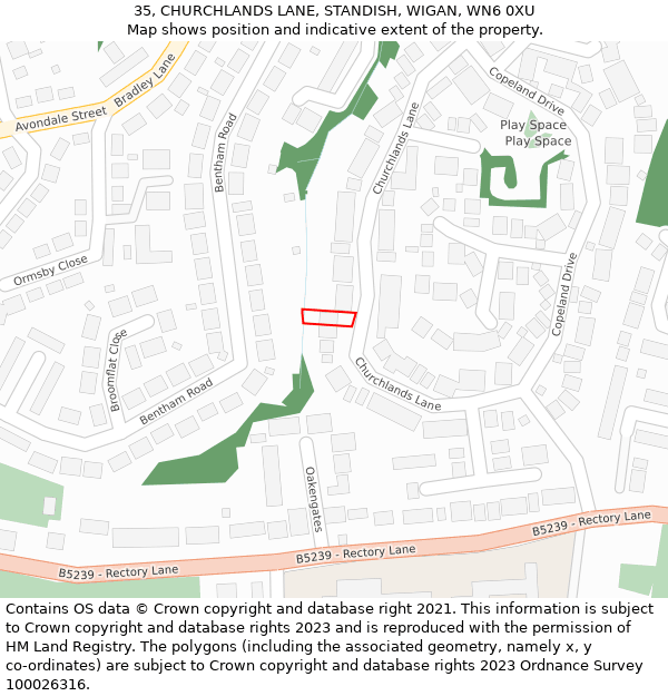 35, CHURCHLANDS LANE, STANDISH, WIGAN, WN6 0XU: Location map and indicative extent of plot