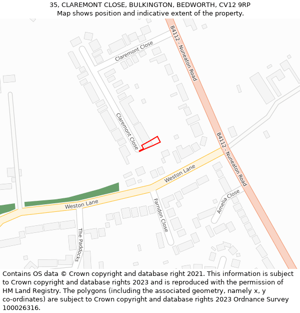 35, CLAREMONT CLOSE, BULKINGTON, BEDWORTH, CV12 9RP: Location map and indicative extent of plot