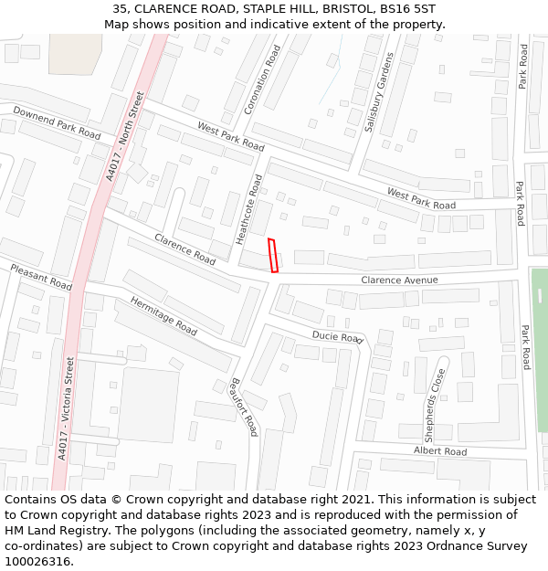 35, CLARENCE ROAD, STAPLE HILL, BRISTOL, BS16 5ST: Location map and indicative extent of plot