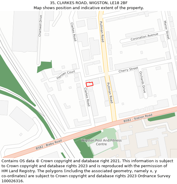 35, CLARKES ROAD, WIGSTON, LE18 2BF: Location map and indicative extent of plot